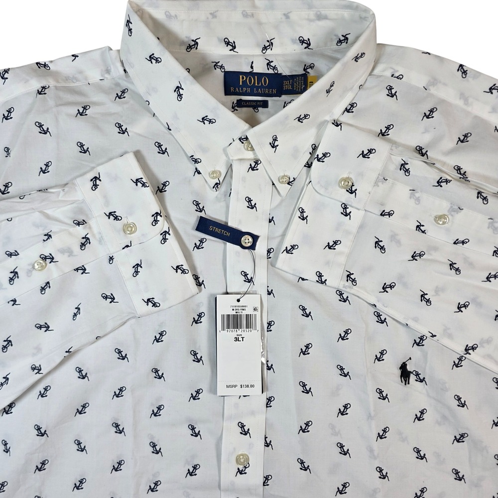 Polo Ralph Lauren 3XLT Shirt Classic Fit Stretch White Navy Anchor Button Down